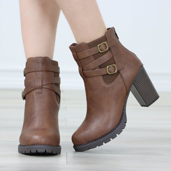 Brown Ankle Boots Chunky Lug Block Heel Synthetic Leather Round Toe - Picture 9 of 13